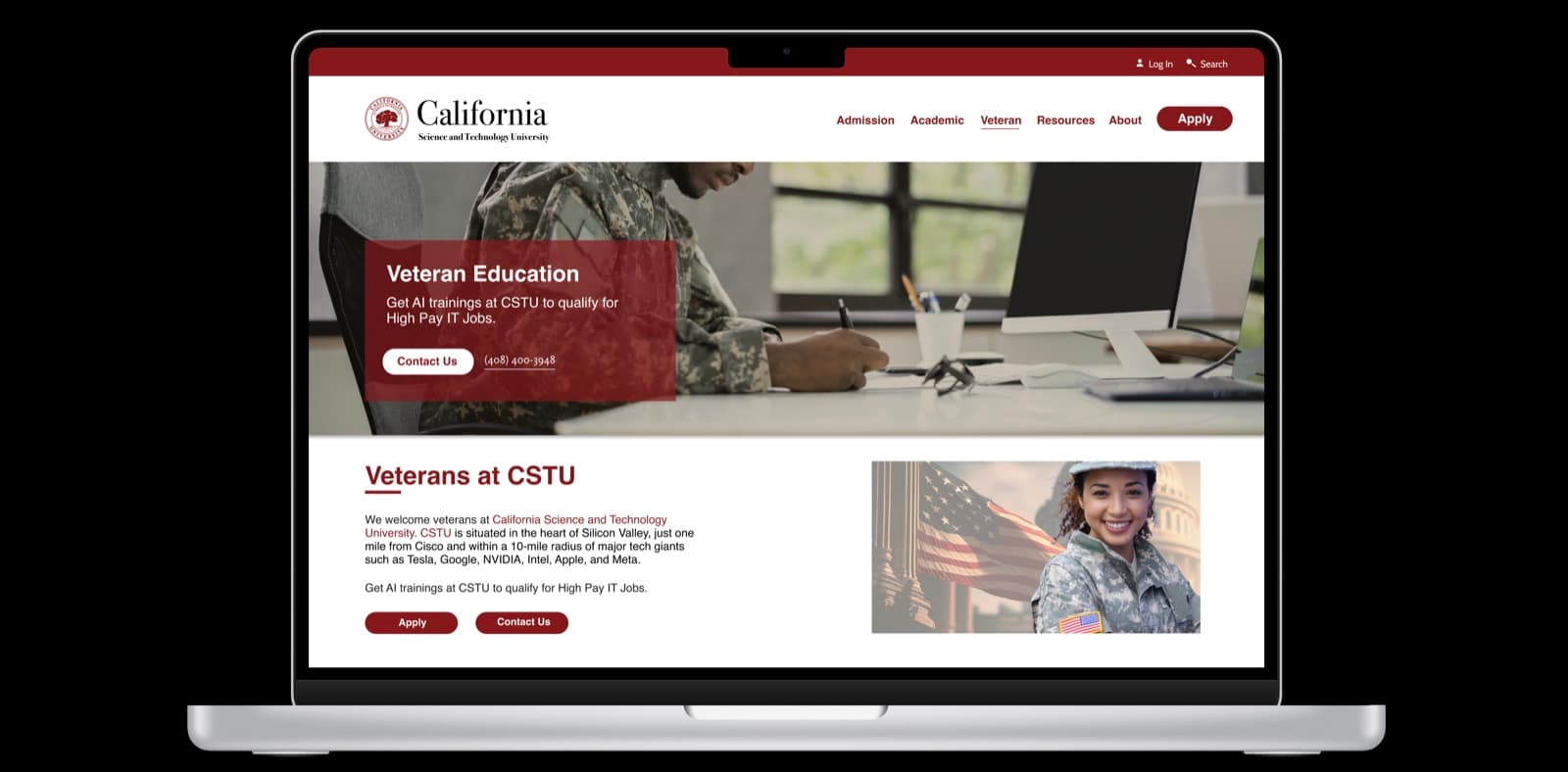 The CSTU veteran education landing page shown on a laptop.
